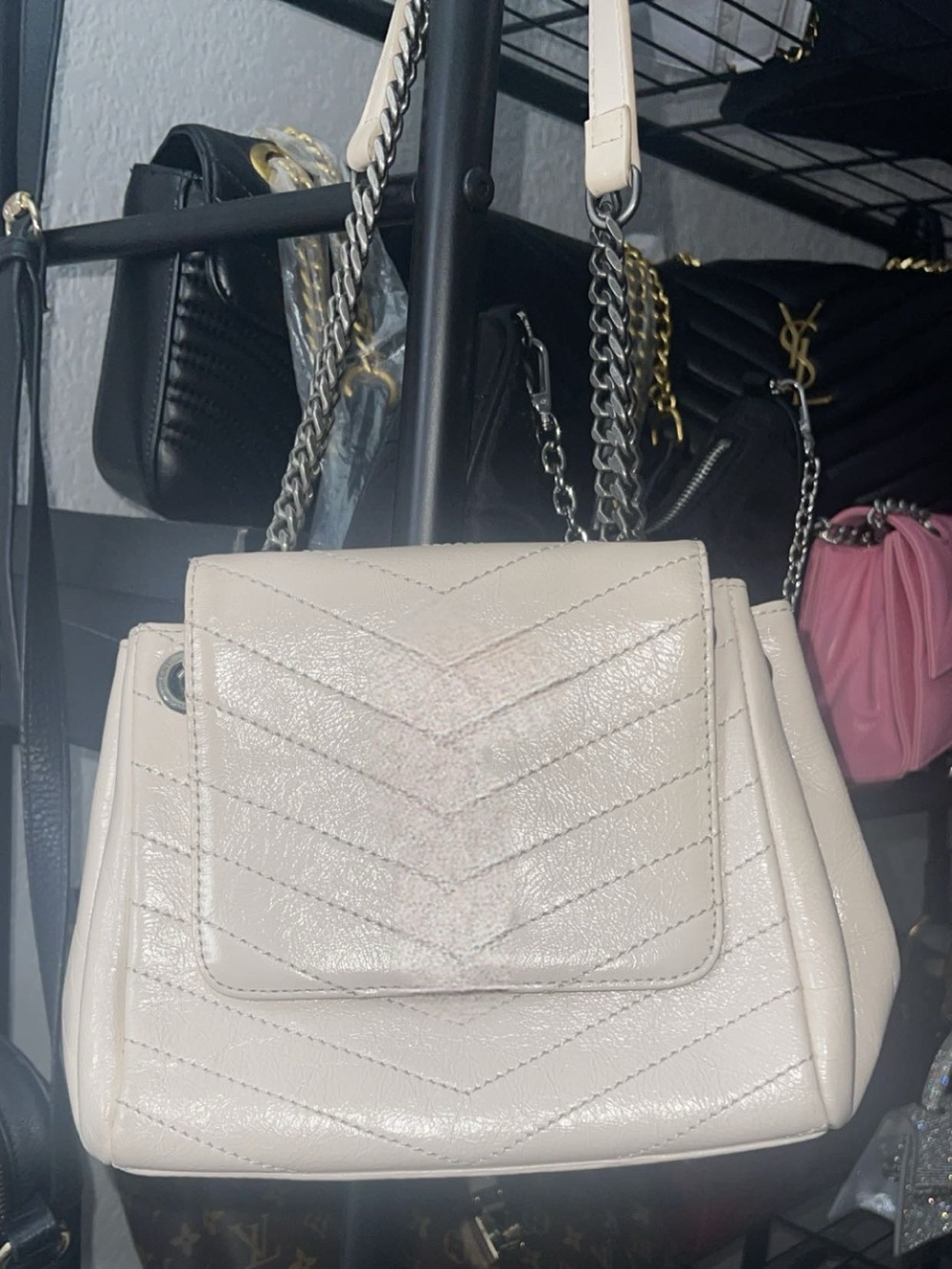 Cream Quilted Crossbody Bag with Chain Strap